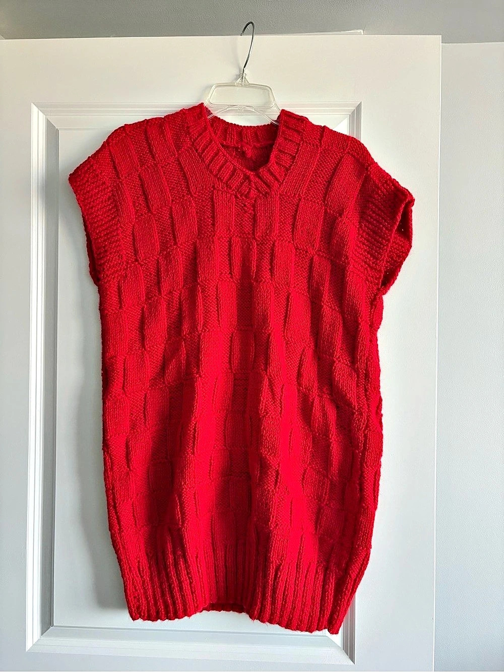 Handmade Red Knitted sleeveless Sweater Tunic / Long Vest – M–L
